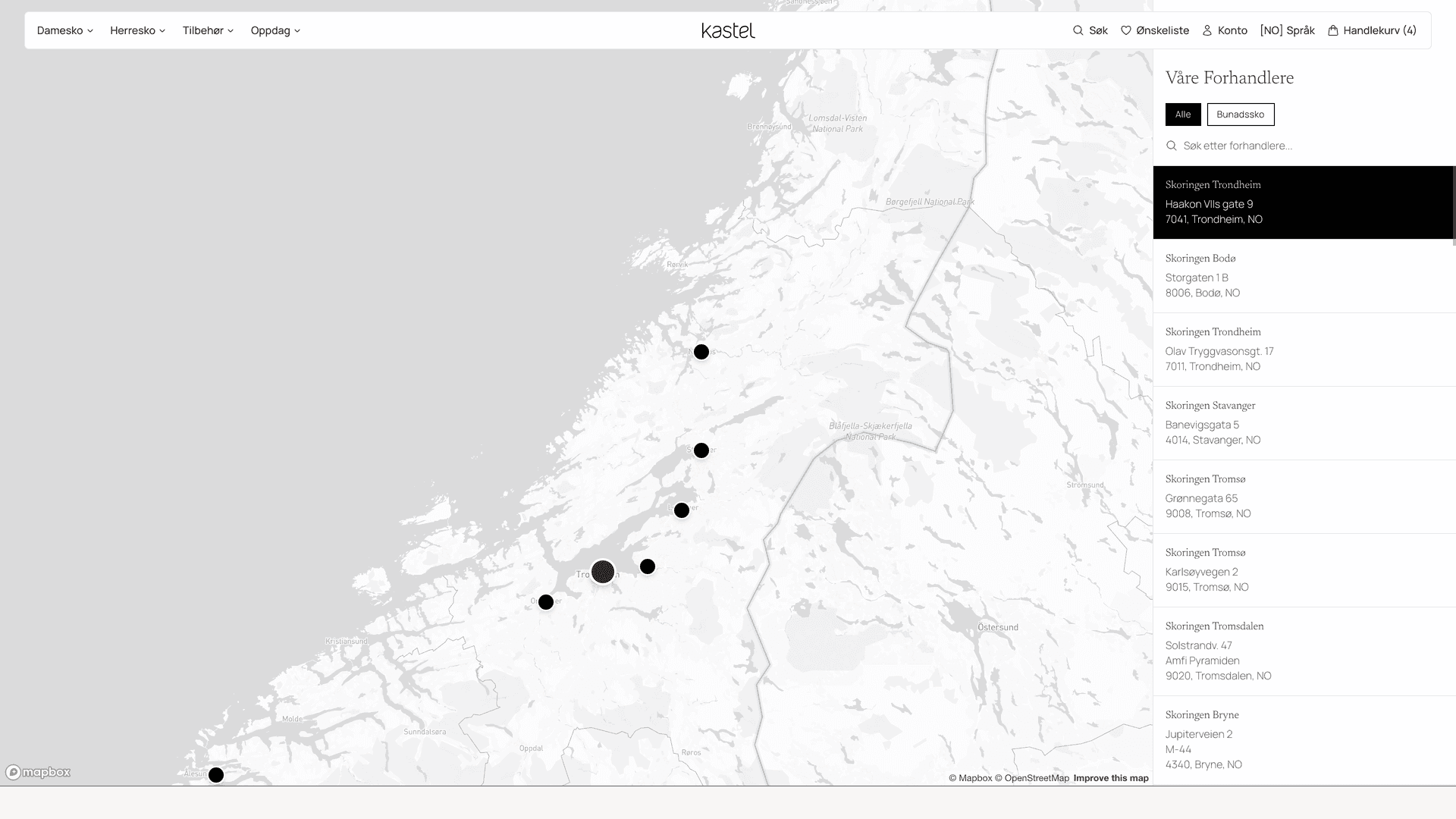 Kastel store locator map showing retail partners across Norway