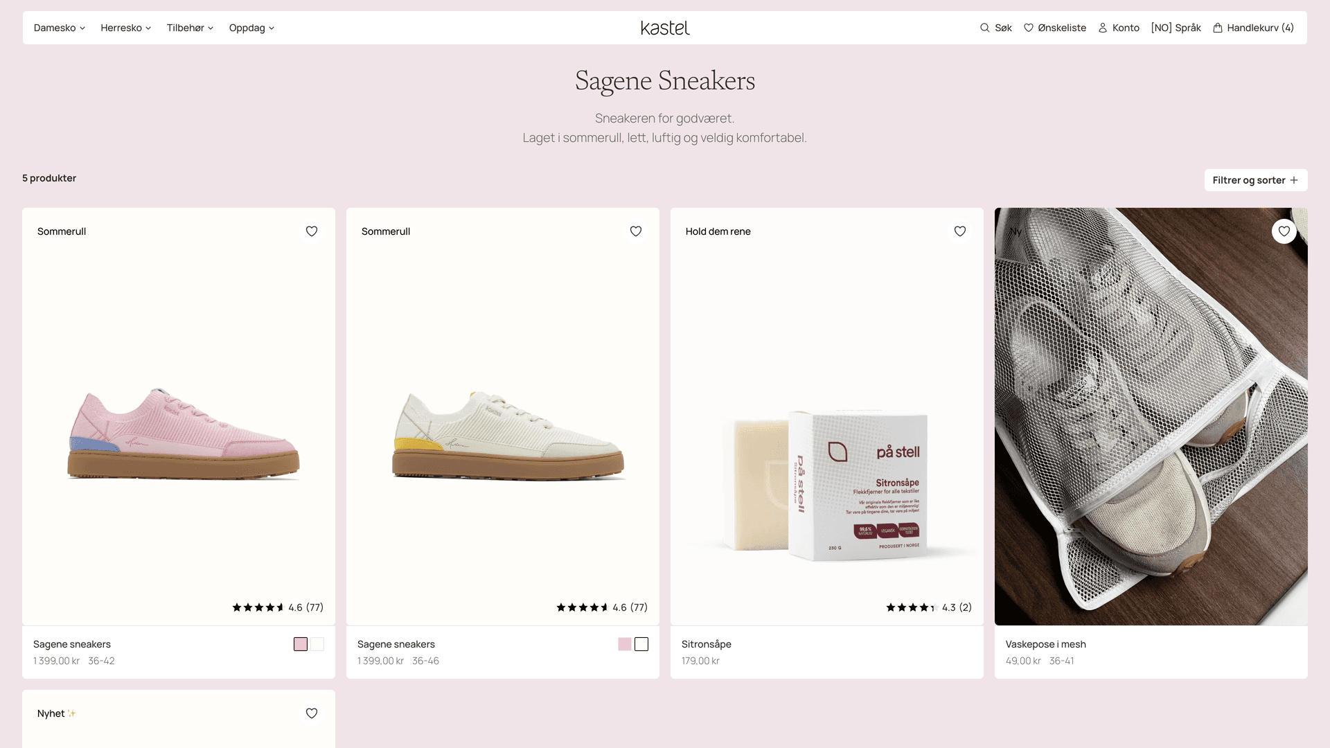 Kastel Sagene Sneakers collection page with a pink background matching the hero product